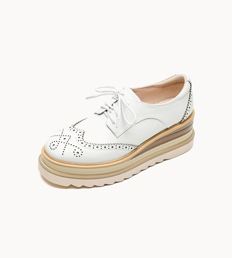 Pantofi damă din piele naturală, model brogue cu platformă groasă, șireturi