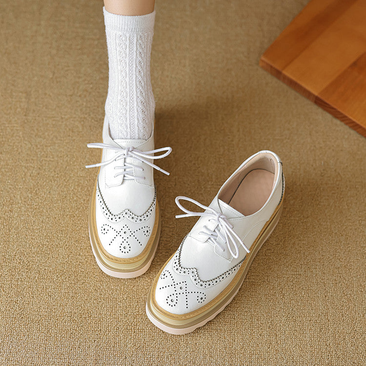 Pantofi damă din piele naturală, model brogue cu platformă groasă, șireturi