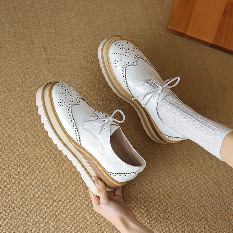 Pantofi damă din piele naturală, model brogue cu platformă groasă, șireturi