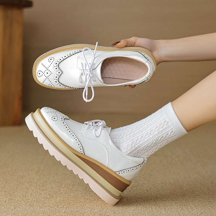 Pantofi damă din piele naturală, model brogue cu platformă groasă, șireturi