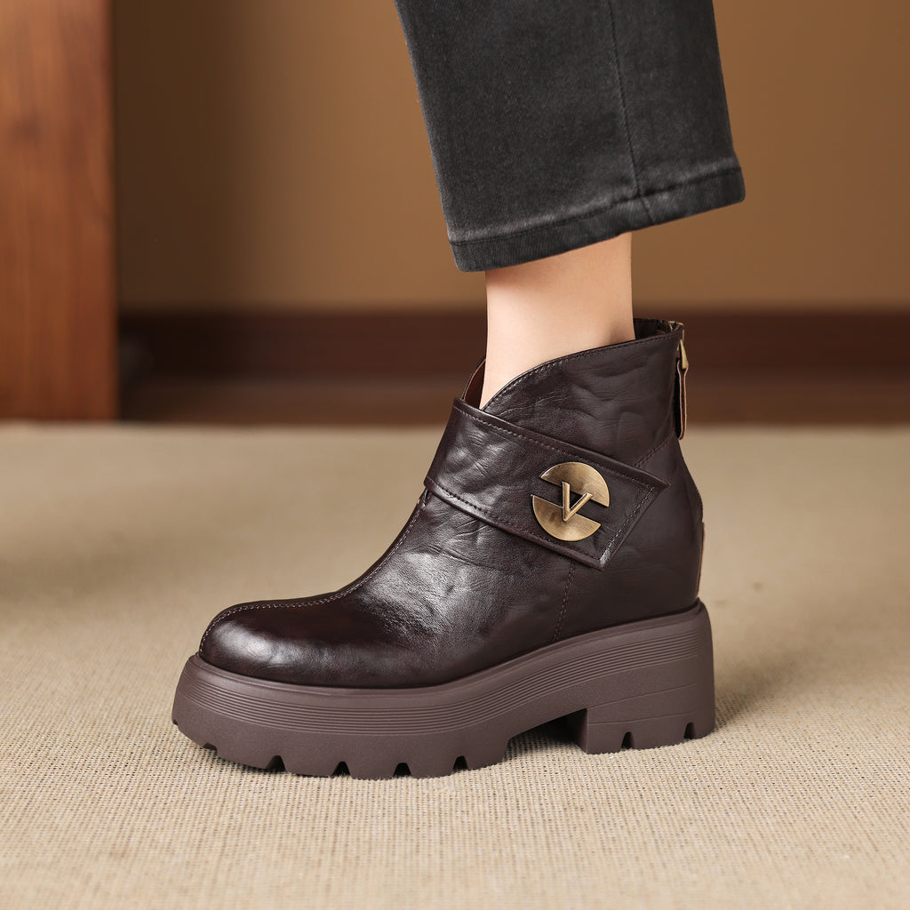 Ghete scurte damă cu platformă, înălțare ascunsă 10cm, piele naturală, catarama decorativă