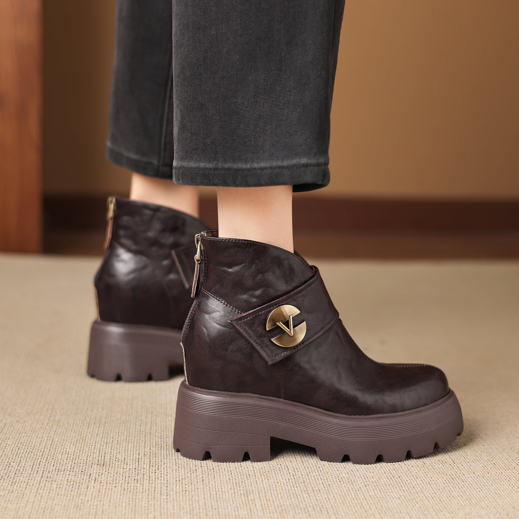 Ghete scurte damă cu platformă, înălțare ascunsă 10cm, piele naturală, catarama decorativă