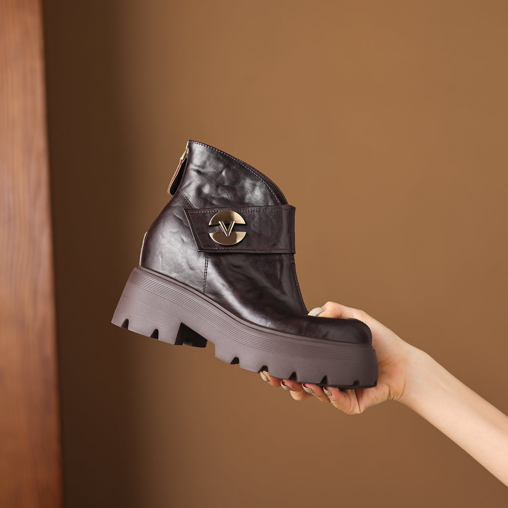 Ghete scurte damă cu platformă, înălțare ascunsă 10cm, piele naturală, catarama decorativă