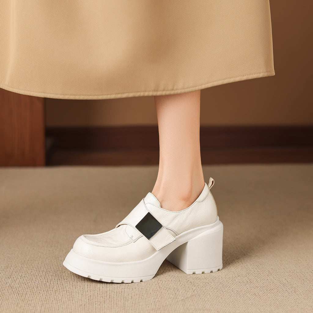 Pantofi mocasini damă din piele de oaie, toc gros, talpă din cauciuc expandat, stil minimalist