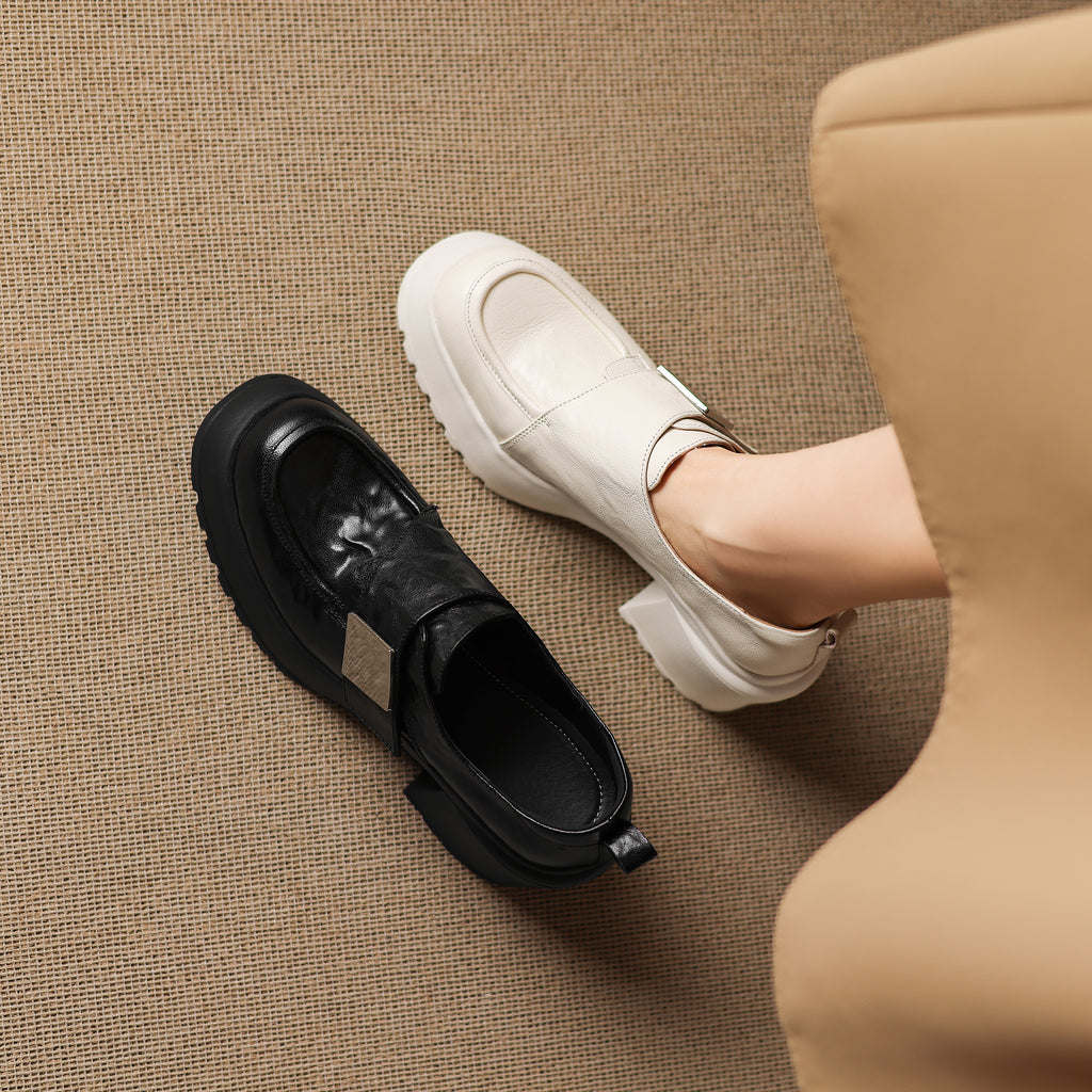 Pantofi mocasini damă din piele de oaie, toc gros, talpă din cauciuc expandat, stil minimalist