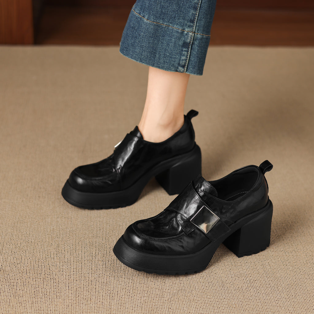 Pantofi mocasini damă din piele de oaie, toc gros, talpă din cauciuc expandat, stil minimalist