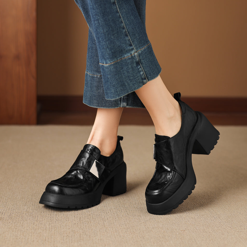Pantofi mocasini damă din piele de oaie, toc gros, talpă din cauciuc expandat, stil minimalist