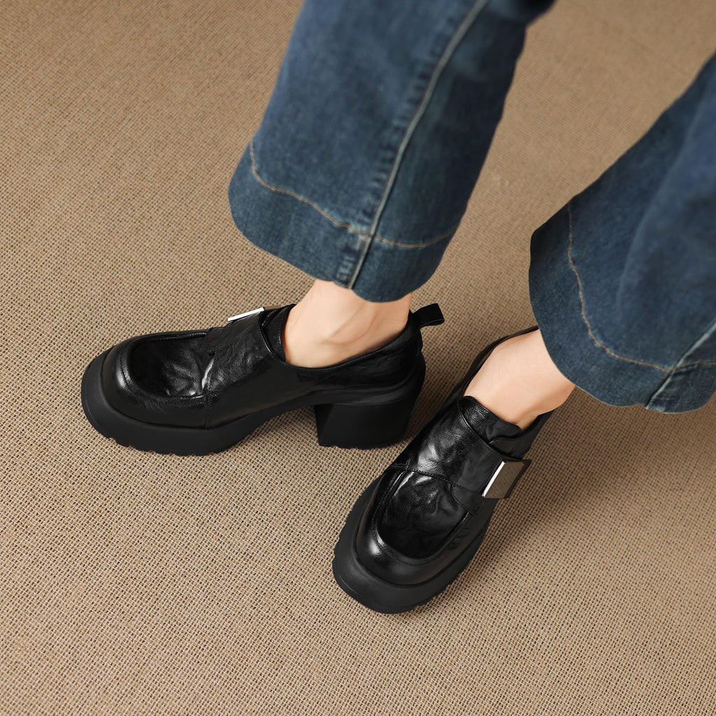 Pantofi mocasini damă din piele de oaie, toc gros, talpă din cauciuc expandat, stil minimalist