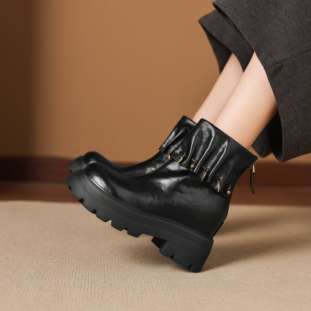 Ghete scurte damă din piele, înălțare ascunsă 10cm, platformă groasă, design cu curele