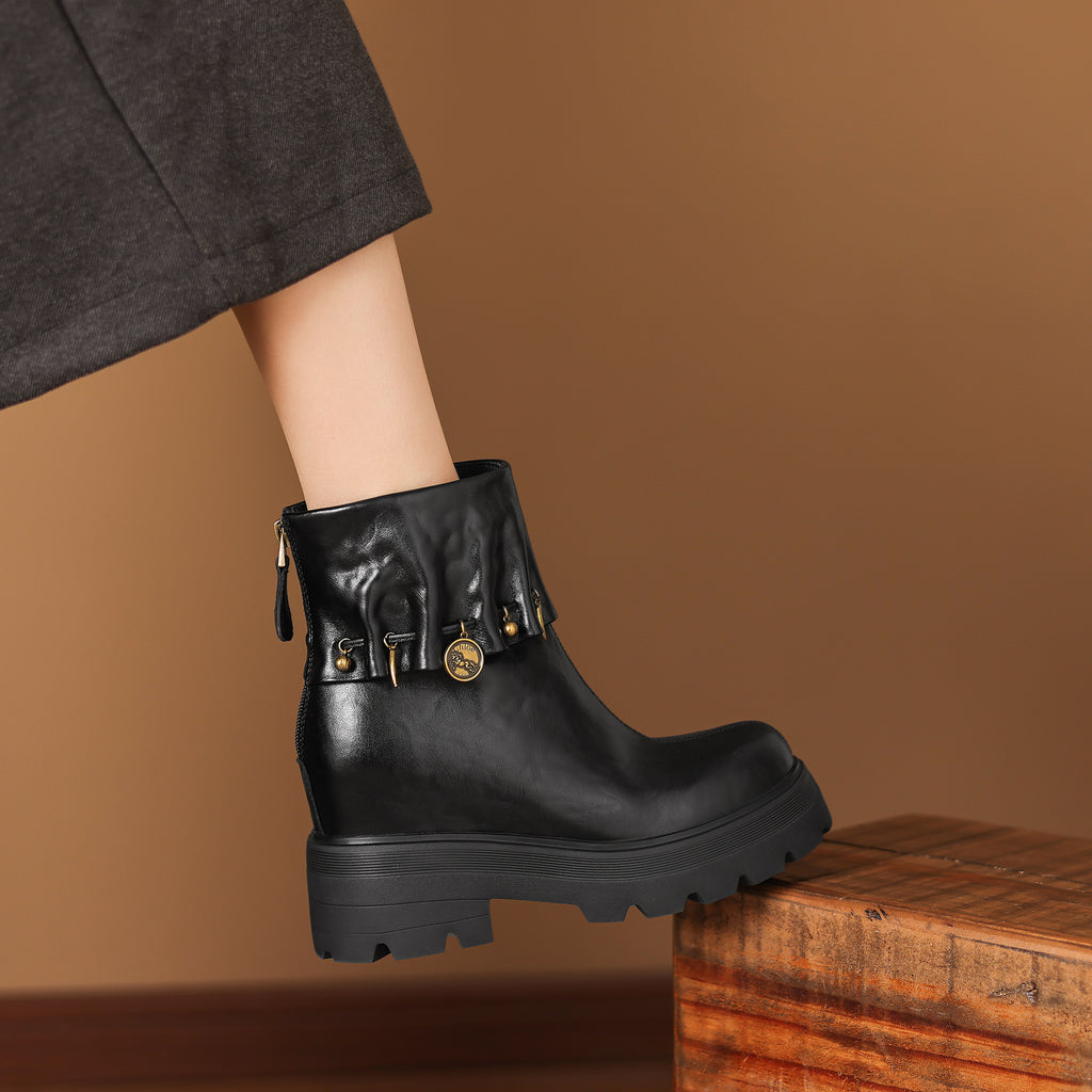 Ghete scurte damă din piele, înălțare ascunsă 10cm, platformă groasă, design cu curele