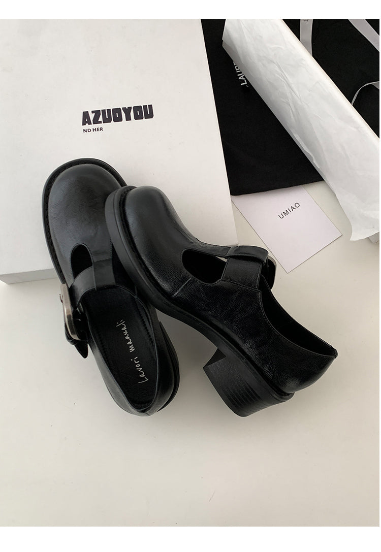 Mocasini de damă cu curea T și cataramă, vârf rotund, talpă groasă, model rafinat