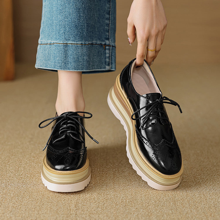 Pantofi damă din piele naturală, model brogue cu platformă groasă, șireturi
