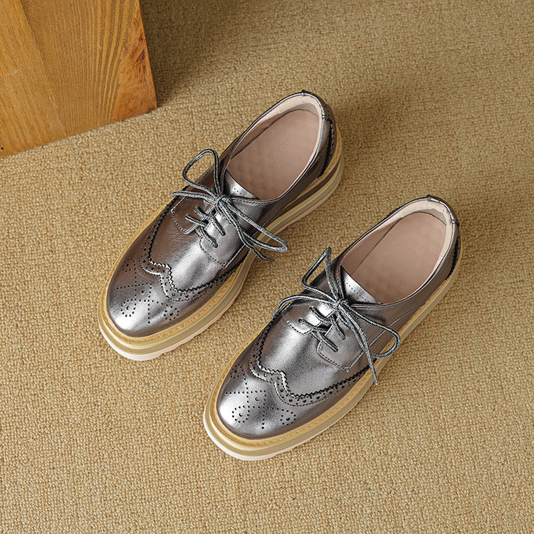 Pantofi damă din piele naturală, model brogue cu platformă groasă, șireturi