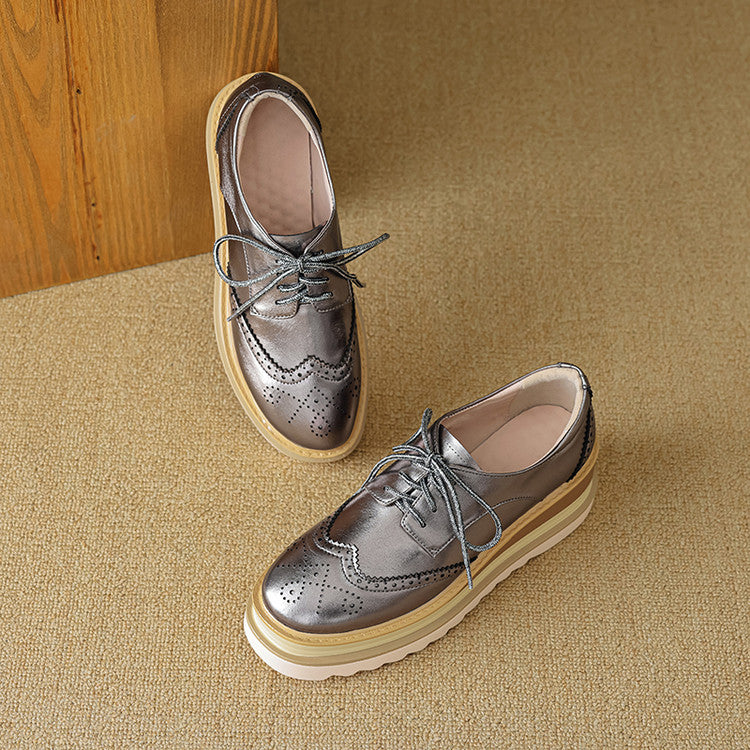 Pantofi damă din piele naturală, model brogue cu platformă groasă, șireturi