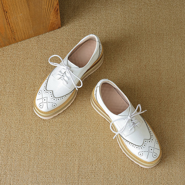 Pantofi damă din piele naturală, model brogue cu platformă groasă, șireturi