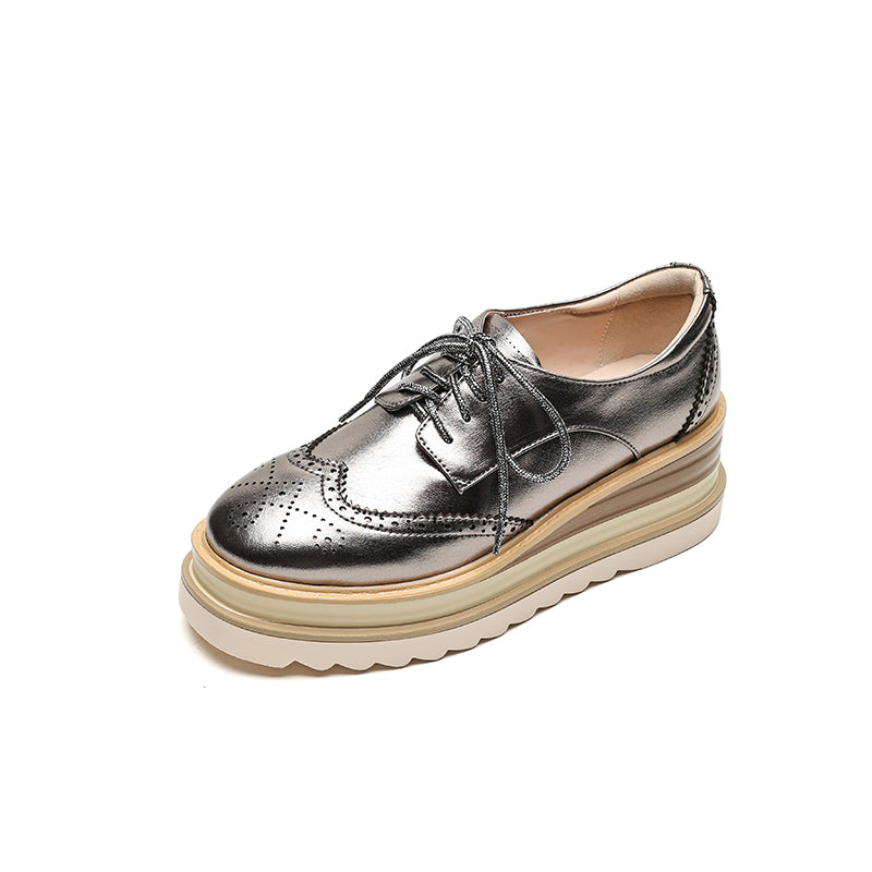 Pantofi damă din piele naturală, model brogue cu platformă groasă, șireturi