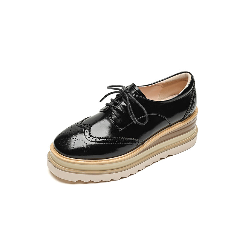 Pantofi damă din piele naturală, model brogue cu platformă groasă, șireturi