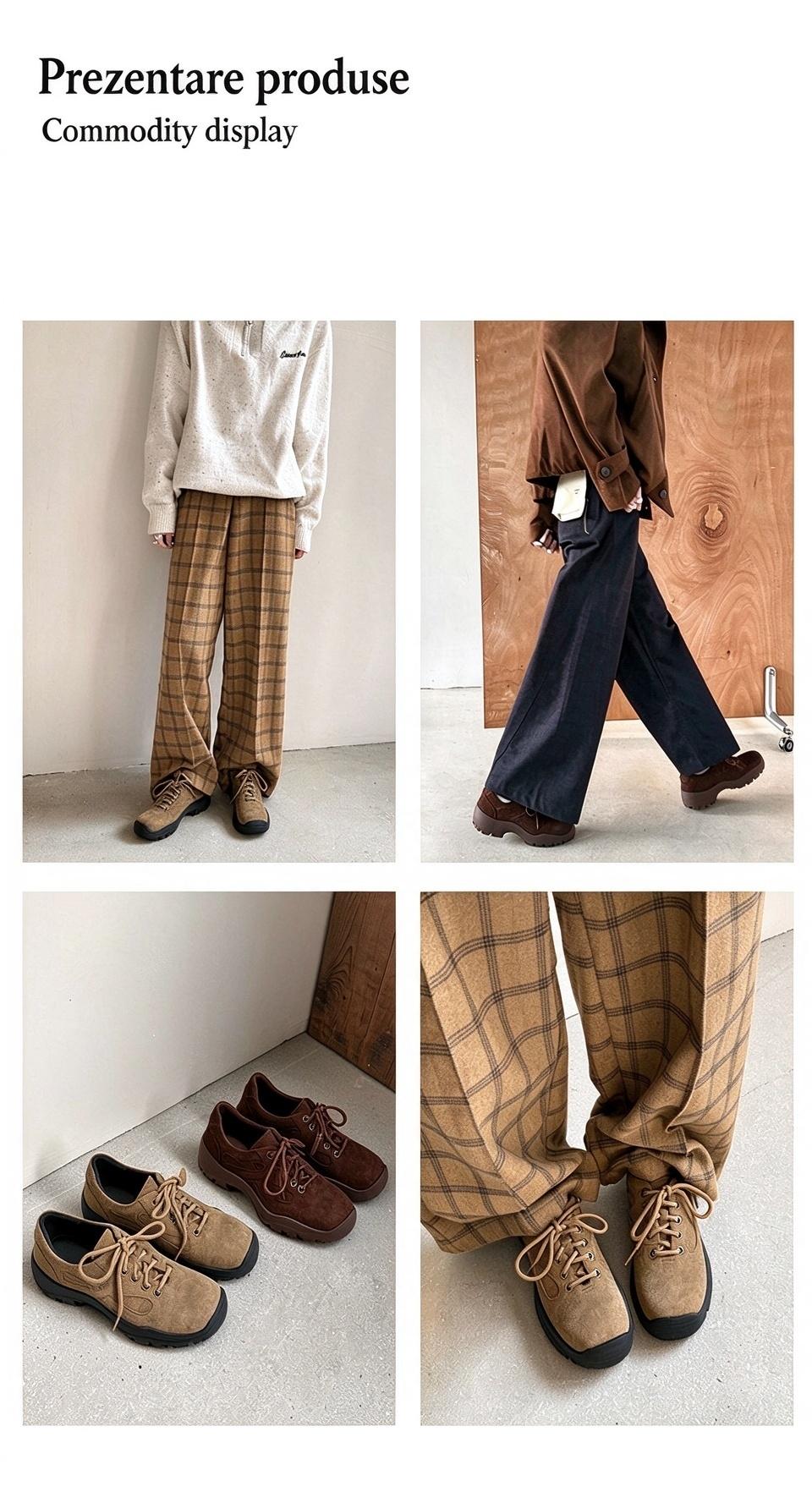 Pantofi casual damă piele întoarsă maro‑kaki, talpă groasă antiderapantă, model outdoor urban