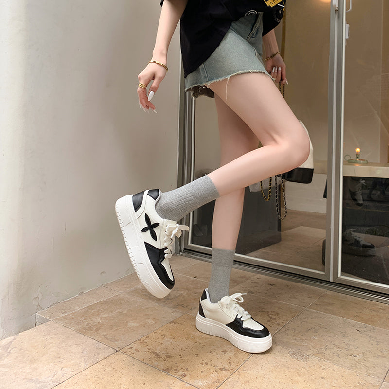 Pantofi platformă damă din piele, talpă groasă înălțătoare, model casual cu șireturi