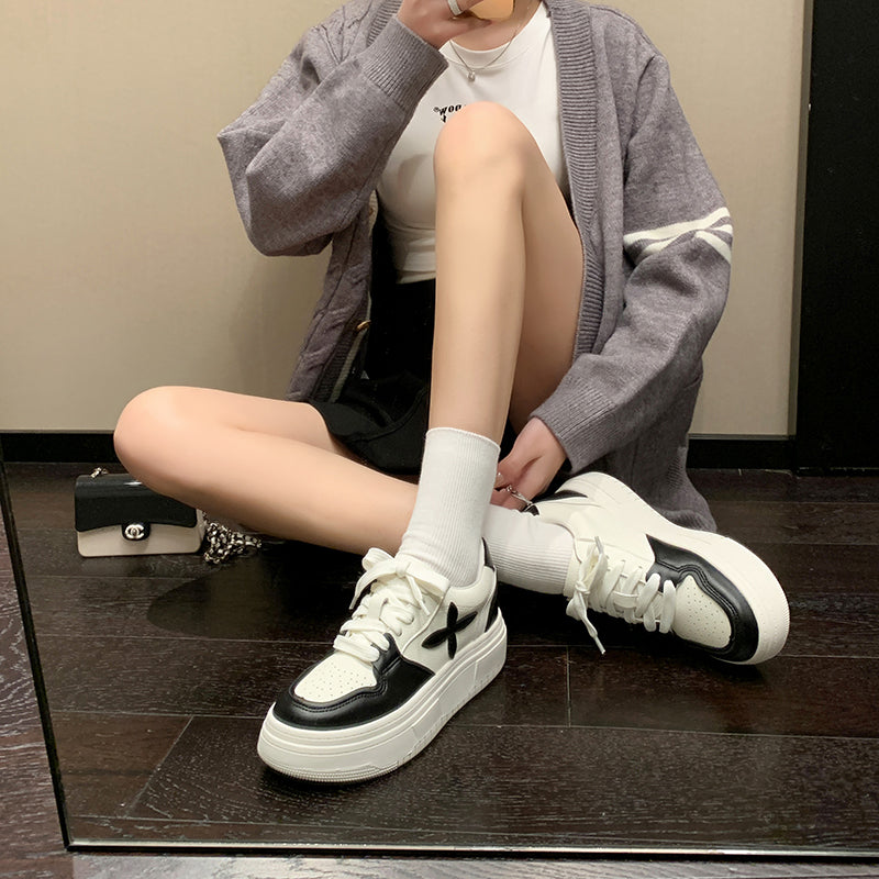 Pantofi platformă damă din piele, talpă groasă înălțătoare, model casual cu șireturi