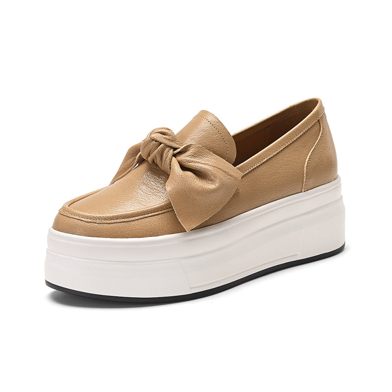 Pantofi damă din piele de oaie, fundiță decorativă, talpă platformă groasă