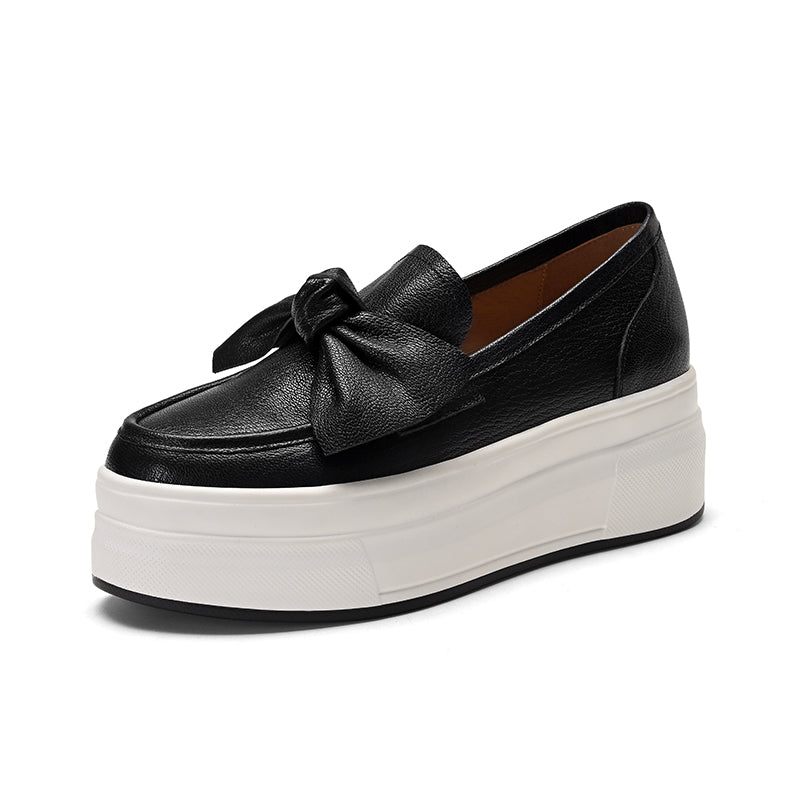 Pantofi damă din piele de oaie, fundiță decorativă, talpă platformă groasă