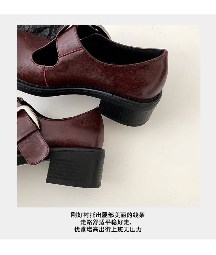Mocasini de damă cu curea T și cataramă, vârf rotund, talpă groasă, model rafinat