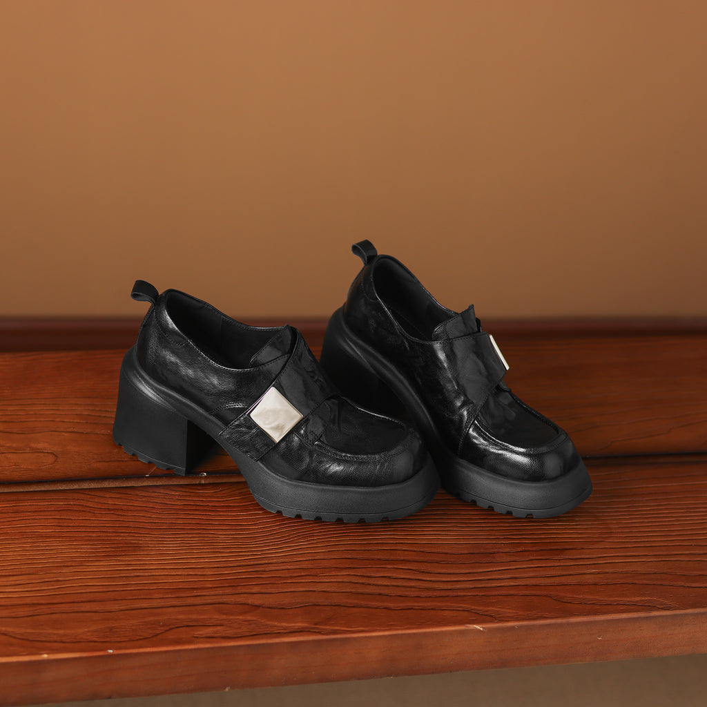Pantofi mocasini damă din piele de oaie, toc gros, talpă din cauciuc expandat, stil minimalist