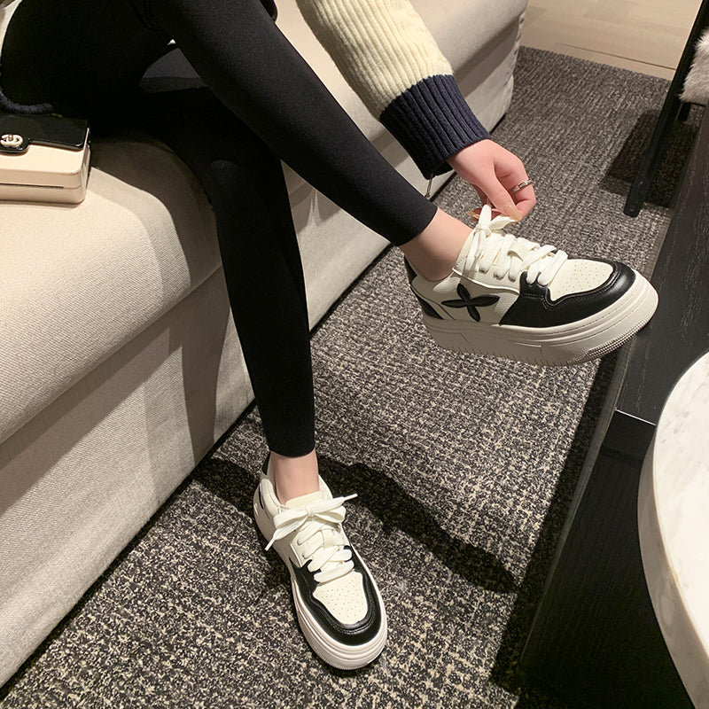 Pantofi platformă damă din piele, talpă groasă înălțătoare, model casual cu șireturi