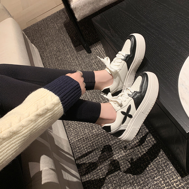Pantofi platformă damă din piele, talpă groasă înălțătoare, model casual cu șireturi