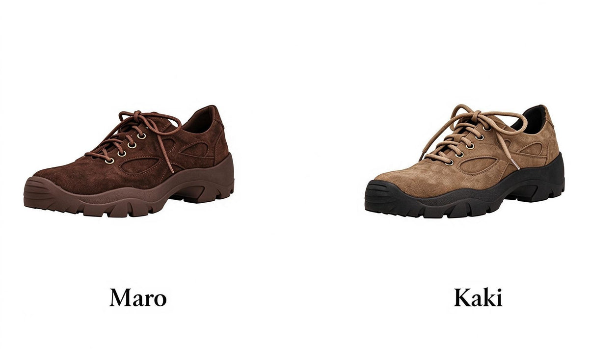Pantofi casual damă piele întoarsă maro‑kaki, talpă groasă antiderapantă, model outdoor urban