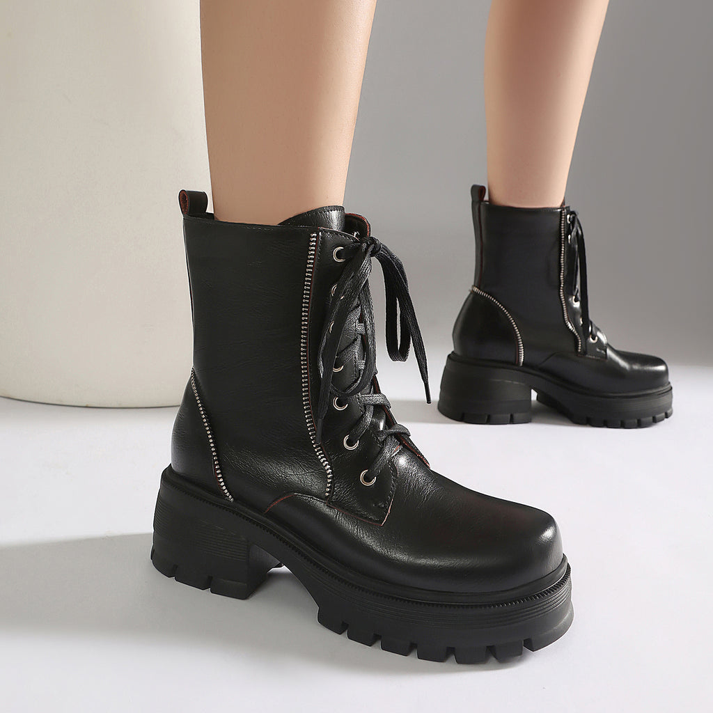 Ghete martin damă PU, toc gros 10-20cm, talpă cauciucată, stil punk cu șireturi