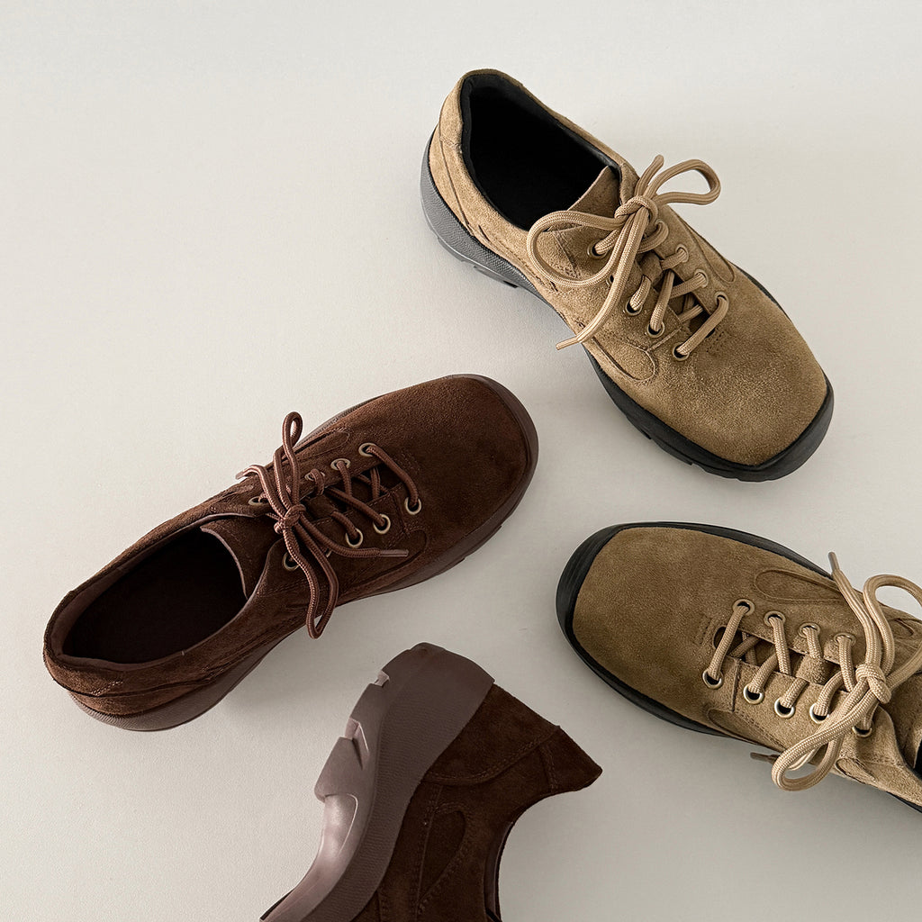 Pantofi casual damă piele întoarsă maro‑kaki, talpă groasă antiderapantă, model outdoor urban