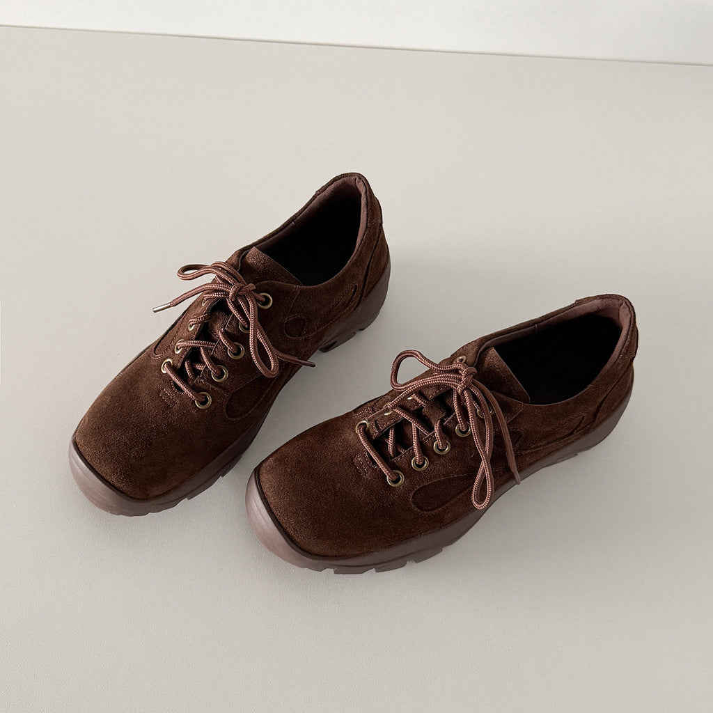 Pantofi casual damă piele întoarsă maro‑kaki, talpă groasă antiderapantă, model outdoor urban