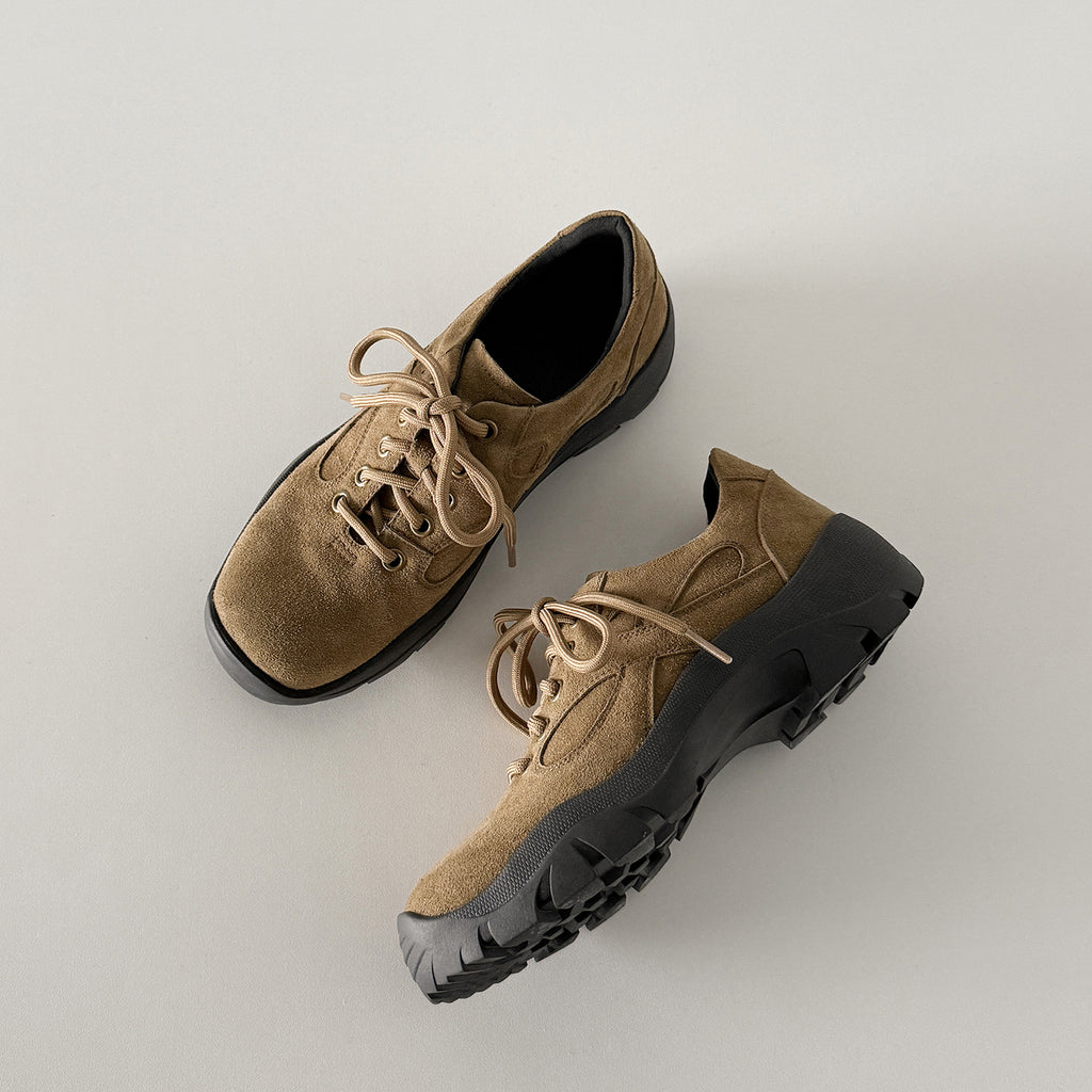 Pantofi casual damă piele întoarsă maro‑kaki, talpă groasă antiderapantă, model outdoor urban