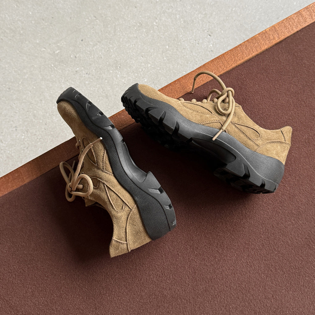 Pantofi casual damă piele întoarsă maro‑kaki, talpă groasă antiderapantă, model outdoor urban