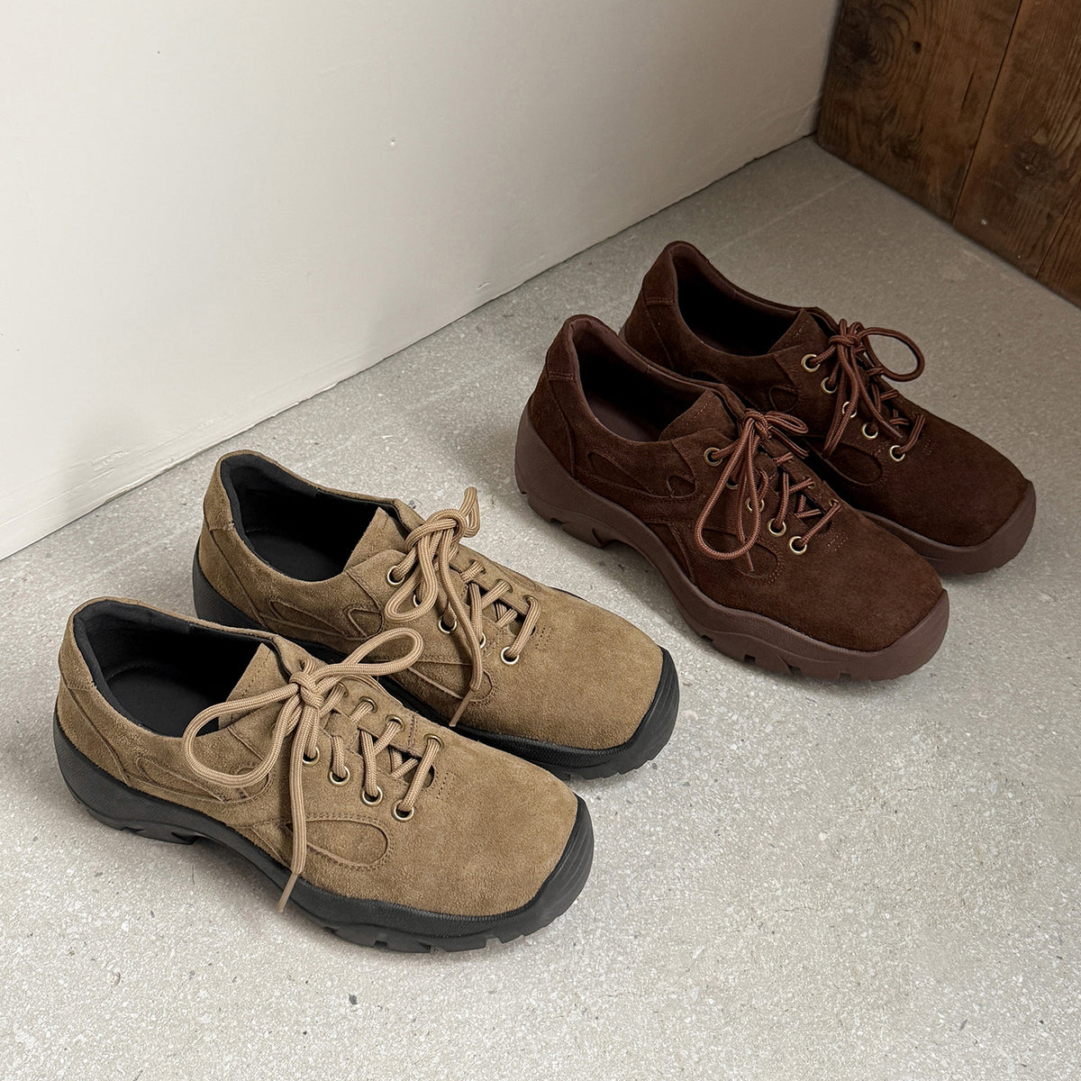 Pantofi casual damă piele întoarsă maro‑kaki, talpă groasă antiderapantă, model outdoor urban