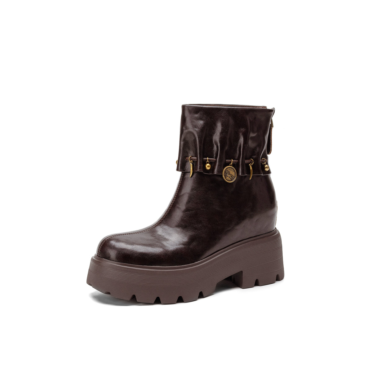 Ghete scurte damă din piele, înălțare ascunsă 10cm, platformă groasă, design cu curele
