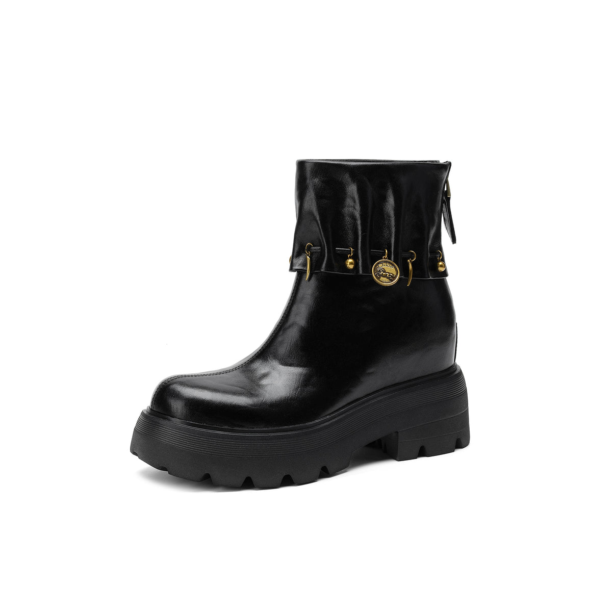 Ghete scurte damă din piele, înălțare ascunsă 10cm, platformă groasă, design cu curele