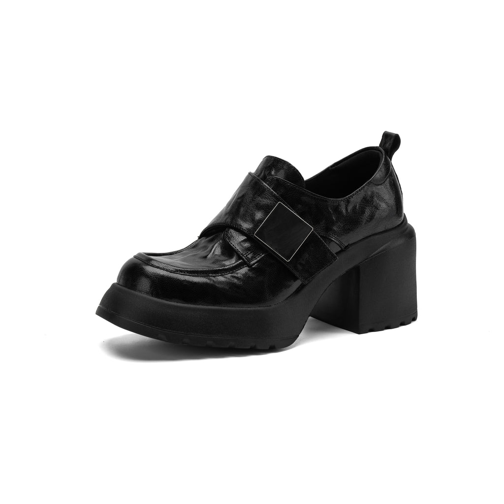 Pantofi mocasini damă din piele de oaie, toc gros, talpă din cauciuc expandat, stil minimalist