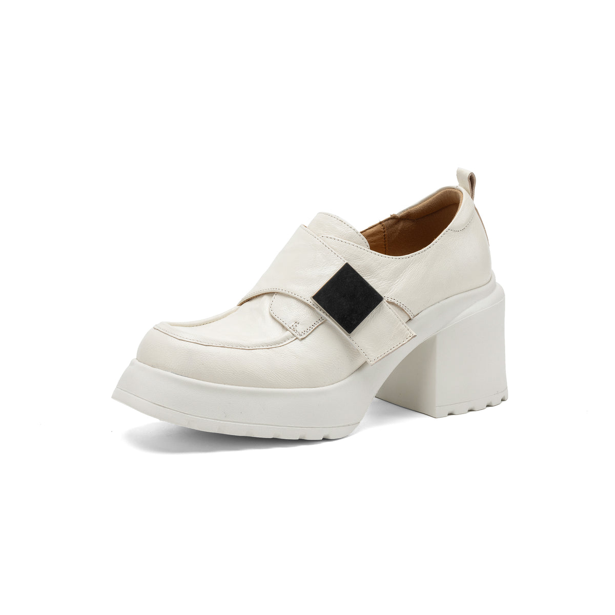 Pantofi mocasini damă din piele de oaie, toc gros, talpă din cauciuc expandat, stil minimalist